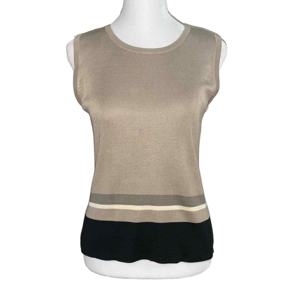 Casual Corner Knit Shell Women Small Tan Silk Sleeveless Striped Colorblock Top - Picture 1 of 6
